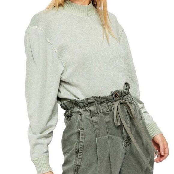 Free People Starry Night Shimmer Pullover Mock Neck Sweater Green Size L - Picture 1 of 4